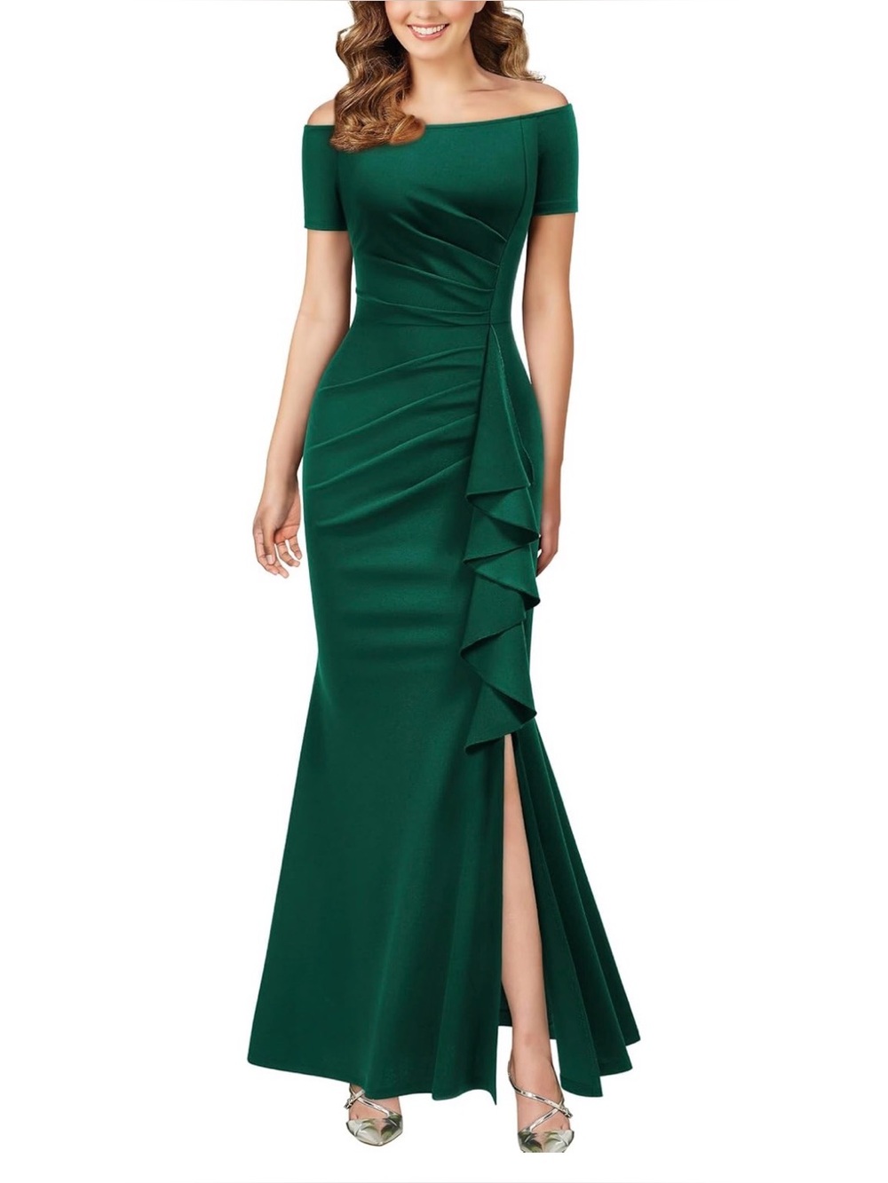 AISIZE Women's Off Shoulder Ruffle Formal Evening Long Dress - Dark Green, XL